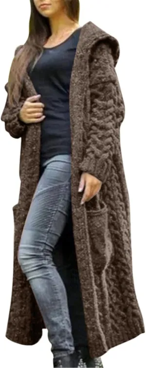 Women's Open Front Long Cardigan with Hood Chunky Warm Winter Coat Trendy Cable Knit Sweaters Outwear with Pockets