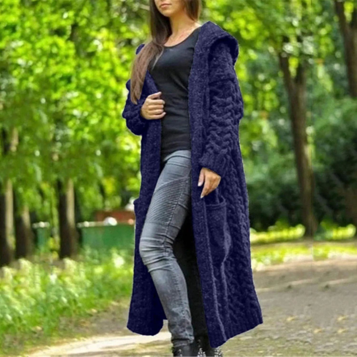 Women's Open Front Long Cardigan with Hood Chunky Warm Winter Coat Trendy Cable Knit Sweaters Outwear with Pockets