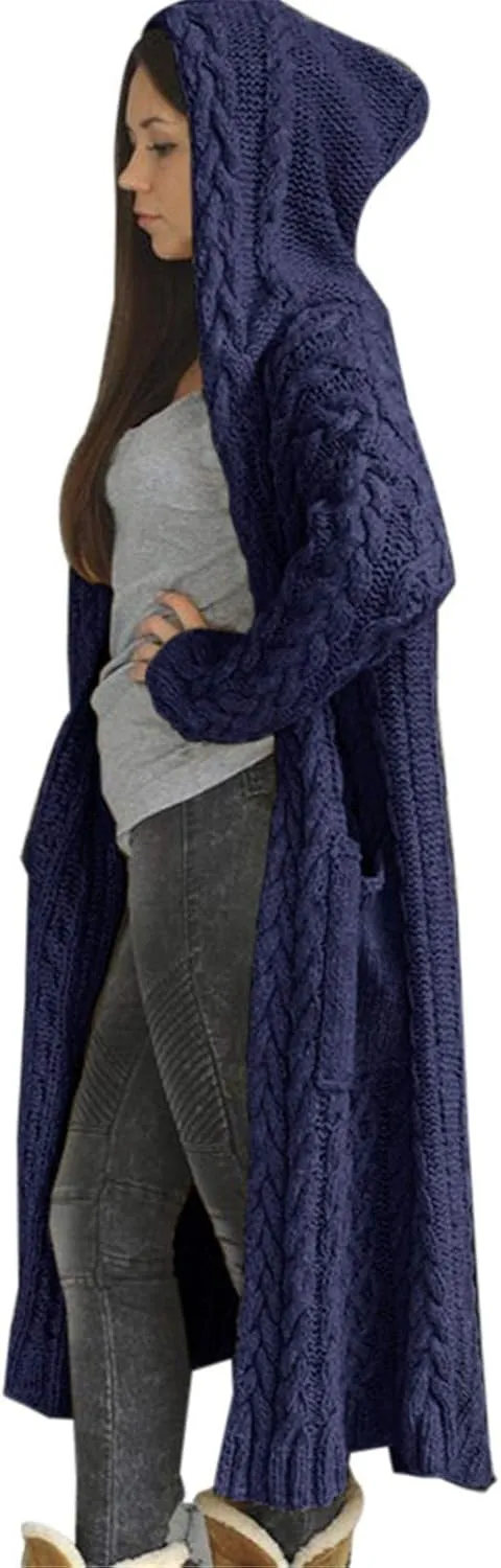 Women's Open Front Long Cardigan with Hood Chunky Warm Winter Coat Trendy Cable Knit Sweaters Outwear with Pockets