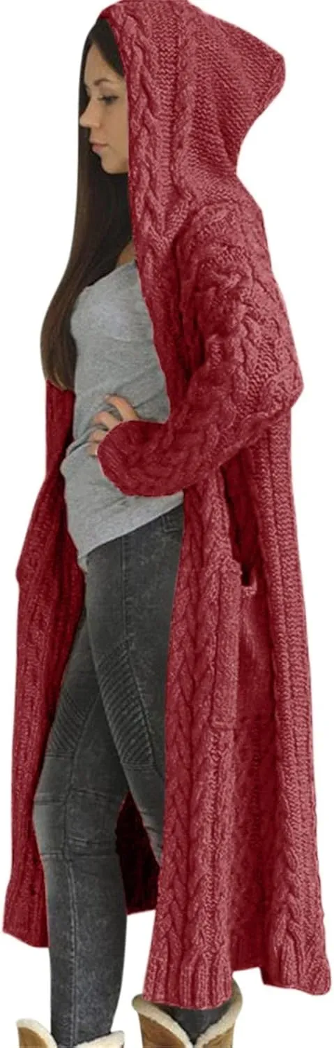 Women's Open Front Long Cardigan with Hood Chunky Warm Winter Coat Trendy Cable Knit Sweaters Outwear with Pockets