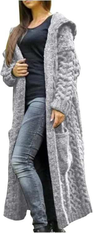 Women's Open Front Long Cardigan with Hood Chunky Warm Winter Coat Trendy Cable Knit Sweaters Outwear with Pockets