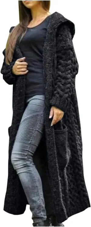 Women's Open Front Long Cardigan with Hood Chunky Warm Winter Coat Trendy Cable Knit Sweaters Outwear with Pockets