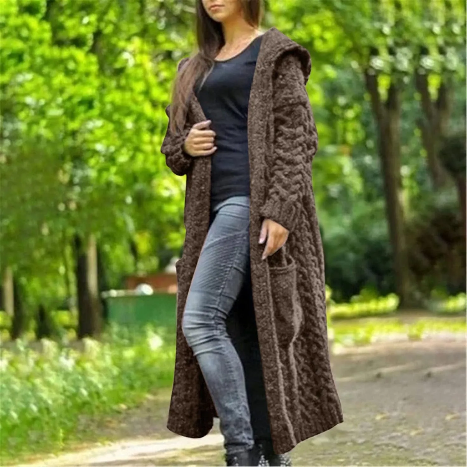 Women's Open Front Long Cardigan with Hood Chunky Warm Winter Coat Trendy Cable Knit Sweaters Outwear with Pockets