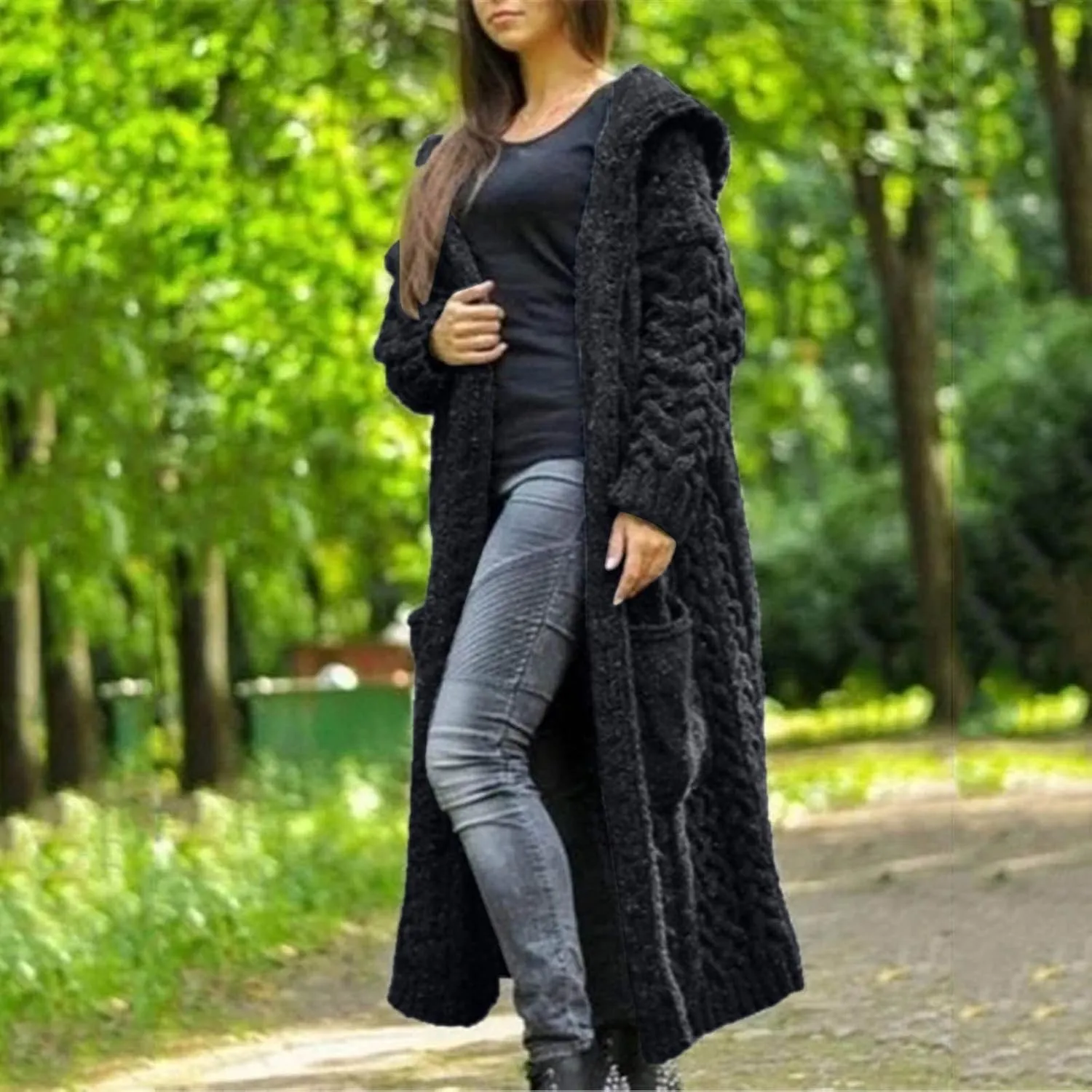 Women's Open Front Long Cardigan with Hood Chunky Warm Winter Coat Trendy Cable Knit Sweaters Outwear with Pockets
