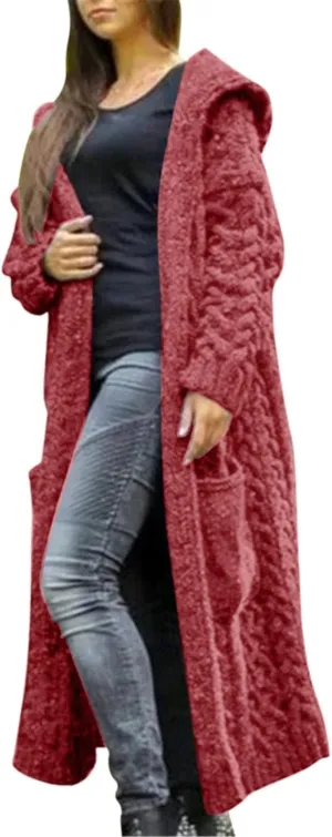 Women's Open Front Long Cardigan with Hood Chunky Warm Winter Coat Trendy Cable Knit Sweaters Outwear with Pockets
