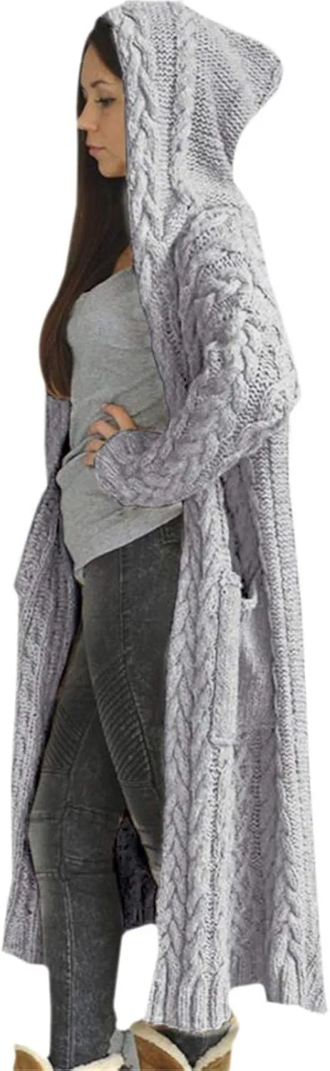 Women's Open Front Long Cardigan with Hood Chunky Warm Winter Coat Trendy Cable Knit Sweaters Outwear with Pockets