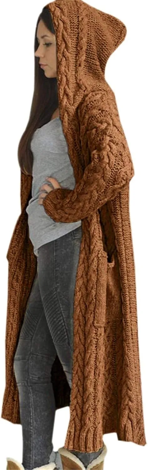 Women's Open Front Long Cardigan with Hood Chunky Warm Winter Coat Trendy Cable Knit Sweaters Outwear with Pockets