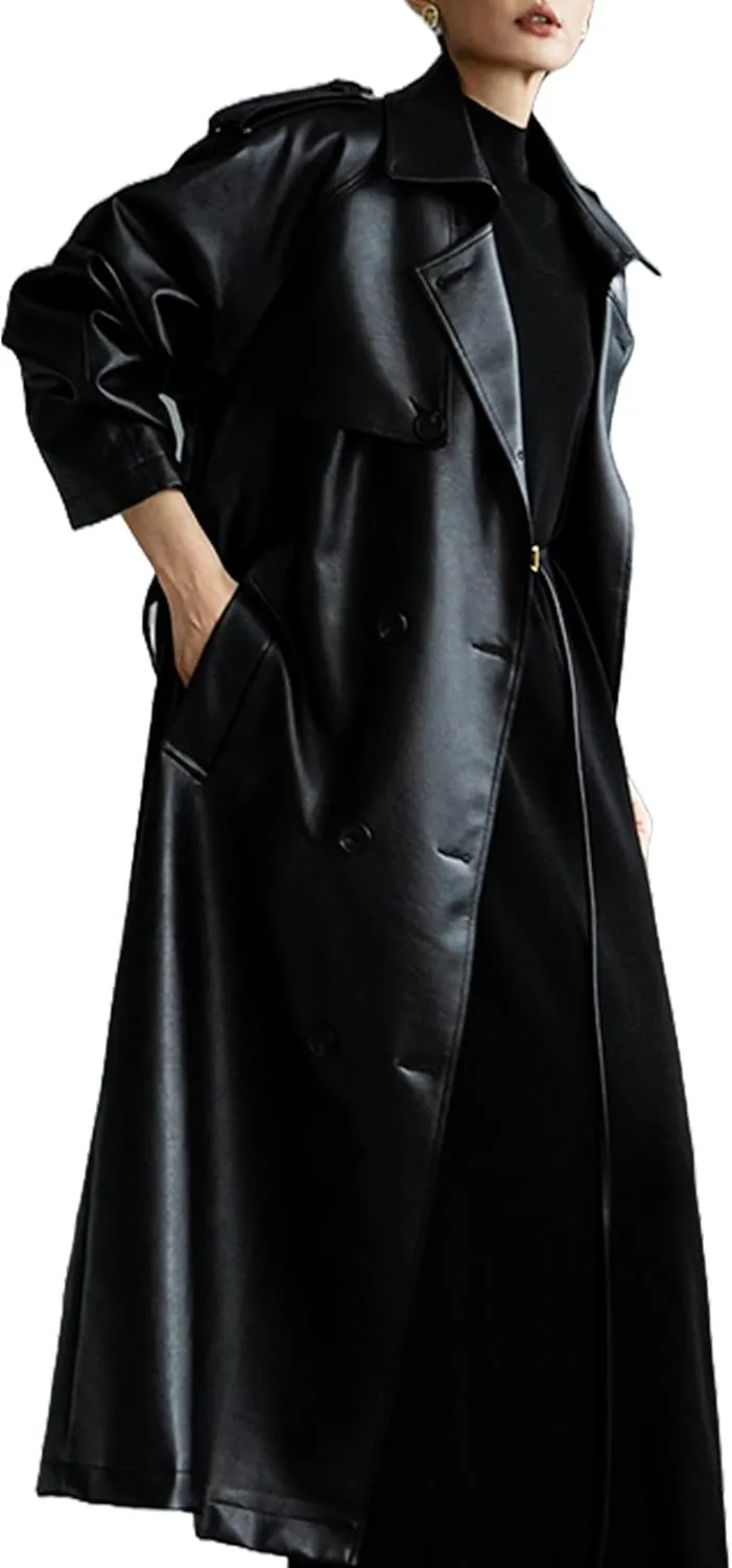 Women's Oversized Black Faux Leather Trench Coat - Double Breasted Coat Extra Long Costume