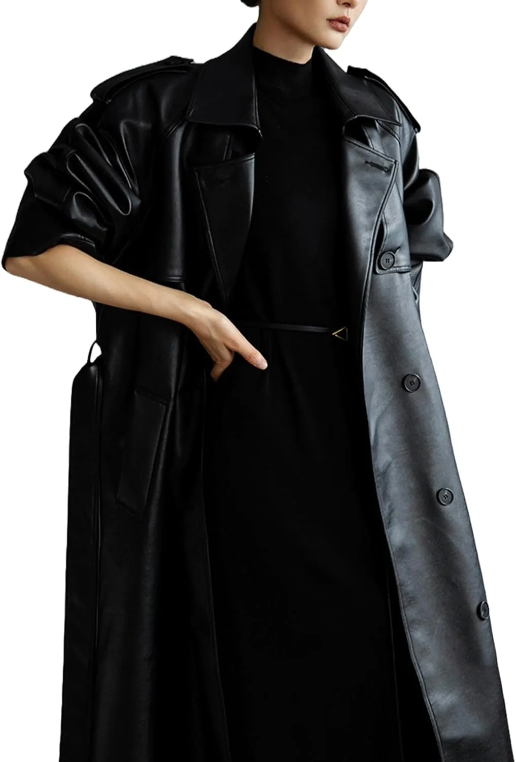 Women's Oversized Black Faux Leather Trench Coat - Double Breasted Coat Extra Long Costume