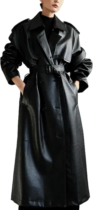 Women's Oversized Black Faux Leather Trench Coat - Double Breasted Coat Extra Long Costume