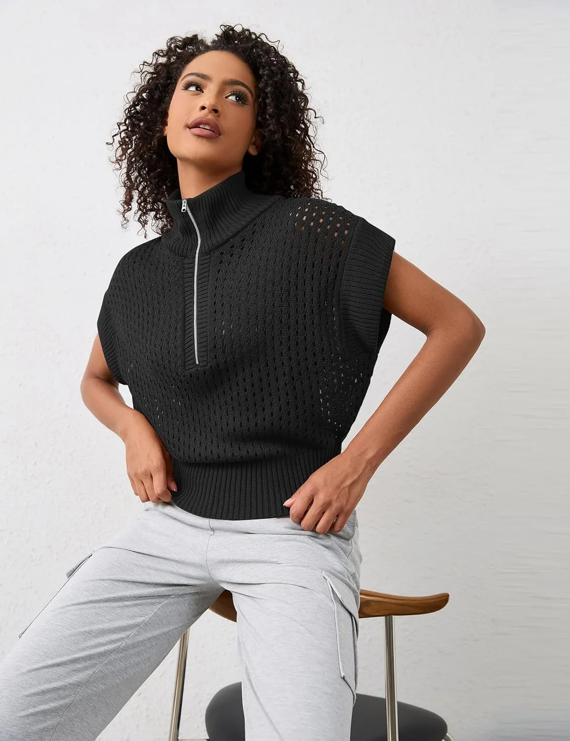 Womens Oversized Crochet Zip Sweater Vest Cap Sleeve Sweater Tops Casual Lapel Collar See Through Hollow Out Knit Top