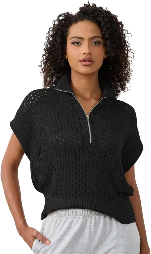 Womens Oversized Crochet Zip Sweater Vest Cap Sleeve Sweater Tops Casual Lapel Collar See Through Hollow Out Knit Top
