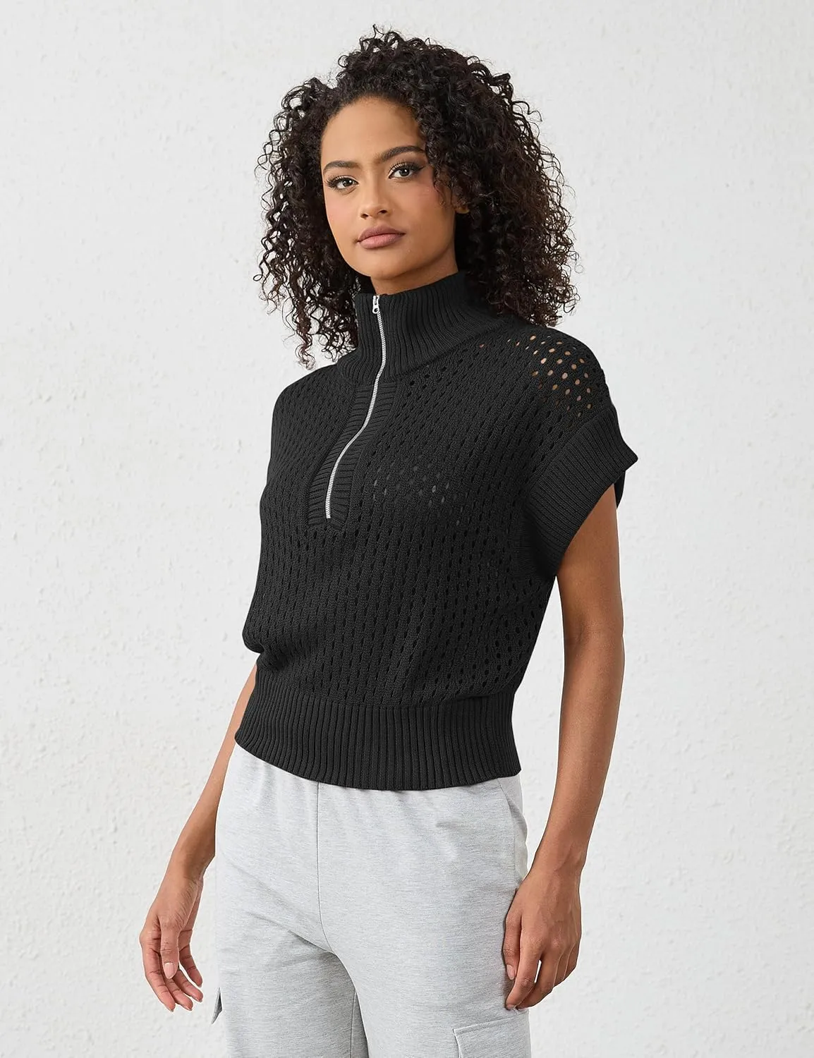 Womens Oversized Crochet Zip Sweater Vest Cap Sleeve Sweater Tops Casual Lapel Collar See Through Hollow Out Knit Top