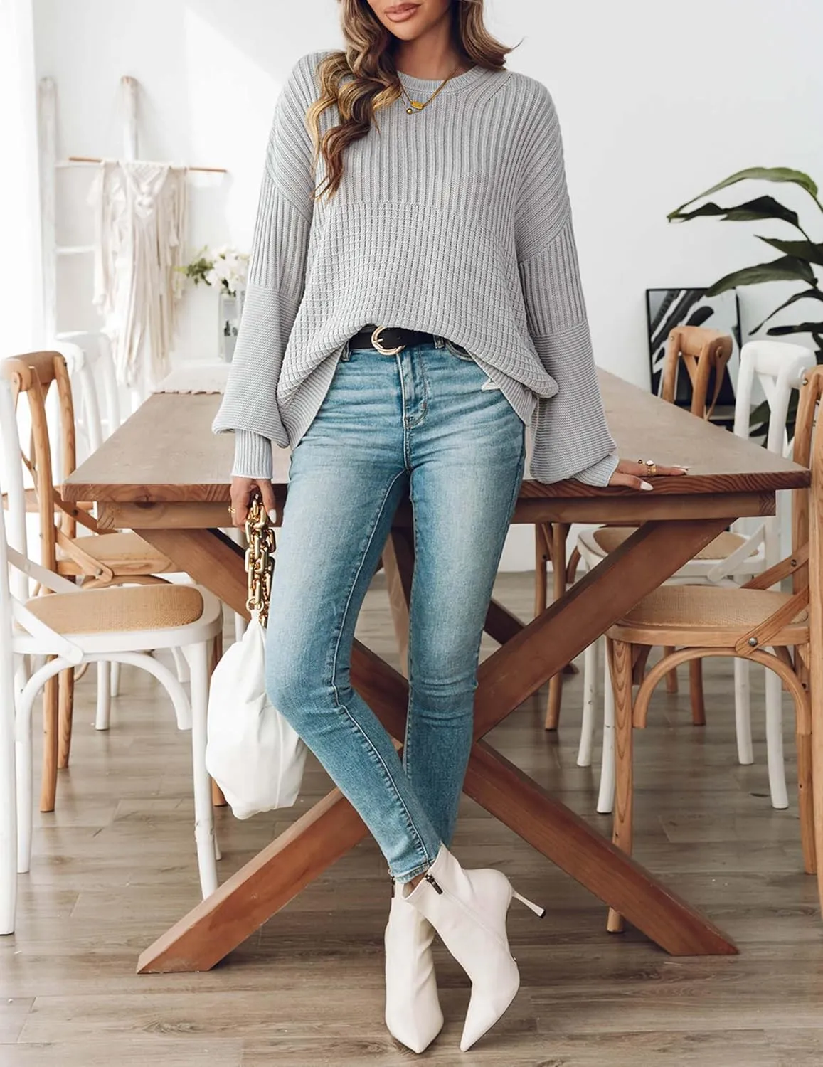 Womens Oversized Ribbed Knit Sweater Fall 2024 Dressy Casual Cute Crewneck Solid Long Sleeve Pullover Top