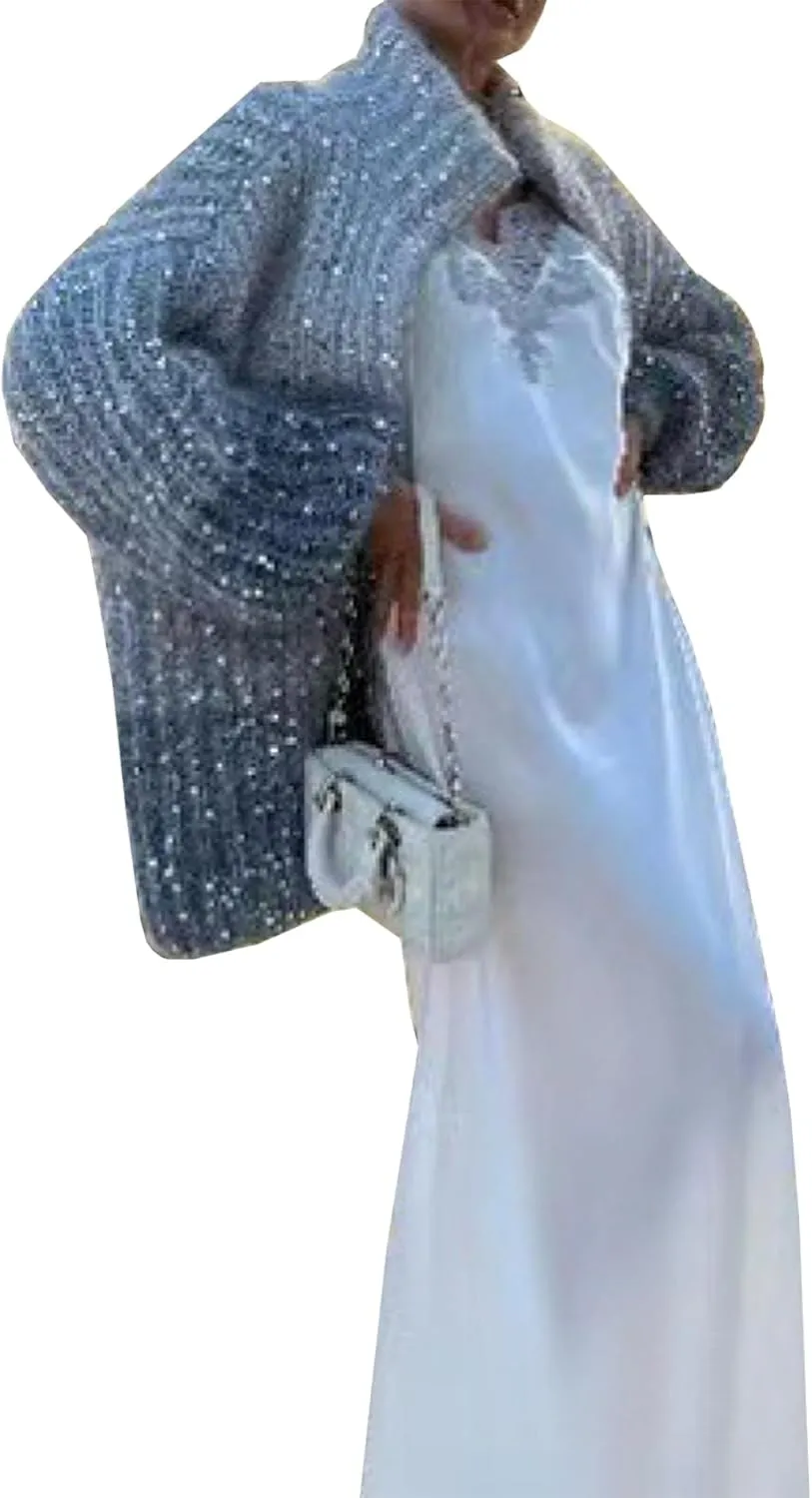 Womens Oversized Sequin Sweater Fashion Stand Collar Lantern Sleeve Zip Up Cardigan Sweaters