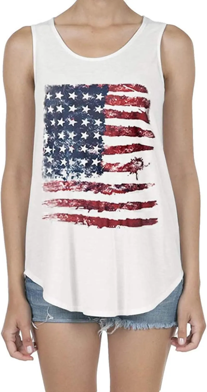 Women's Patriotic American Flag Soft Jersey Sleeveless Loose Tank Top