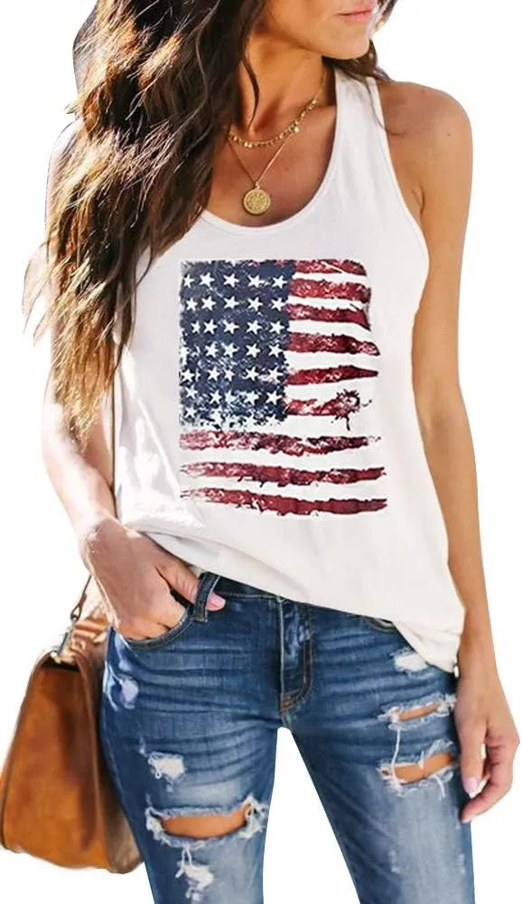 Women's Patriotic American Flag Soft Jersey Sleeveless Loose Tank Top