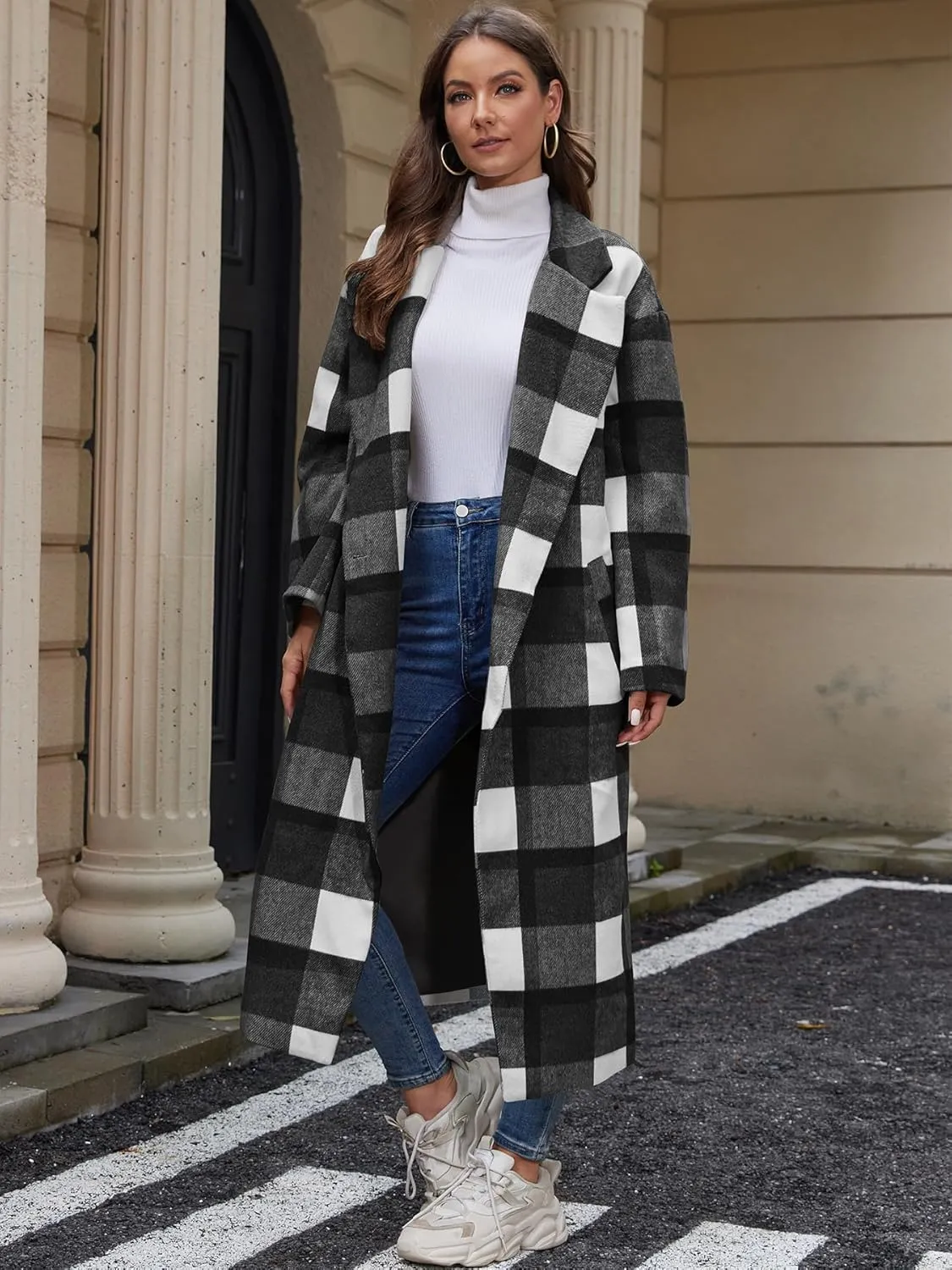 Women's Plaid Wool Coat Shacket Jacket Casual Long Sleeve Laple Button Down Flannel Trench Coats