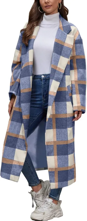 Women's Plaid Wool Coat Shacket Jacket Casual Long Sleeve Laple Button Down Flannel Trench Coats