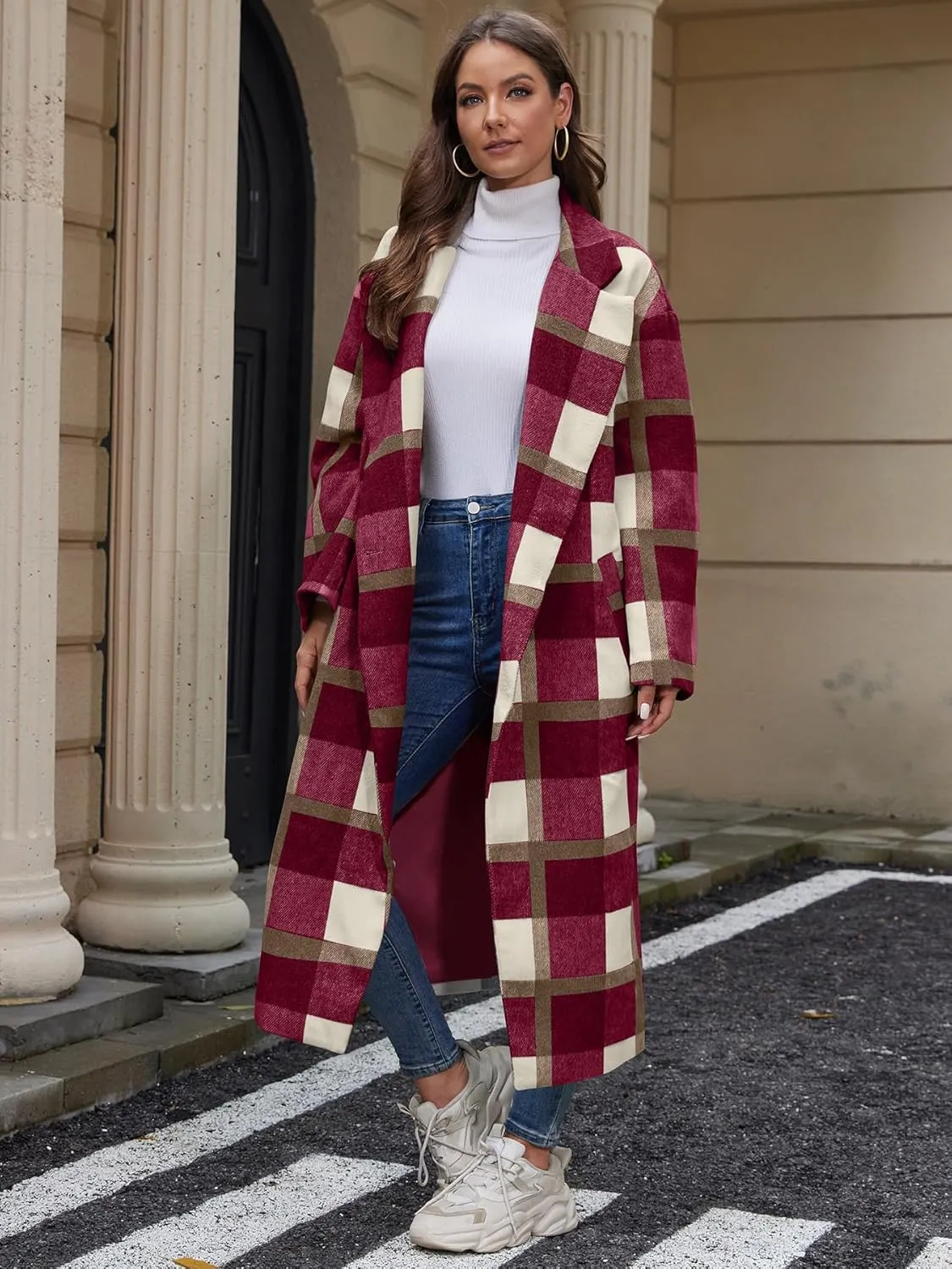 Women's Plaid Wool Coat Shacket Jacket Casual Long Sleeve Laple Button Down Flannel Trench Coats