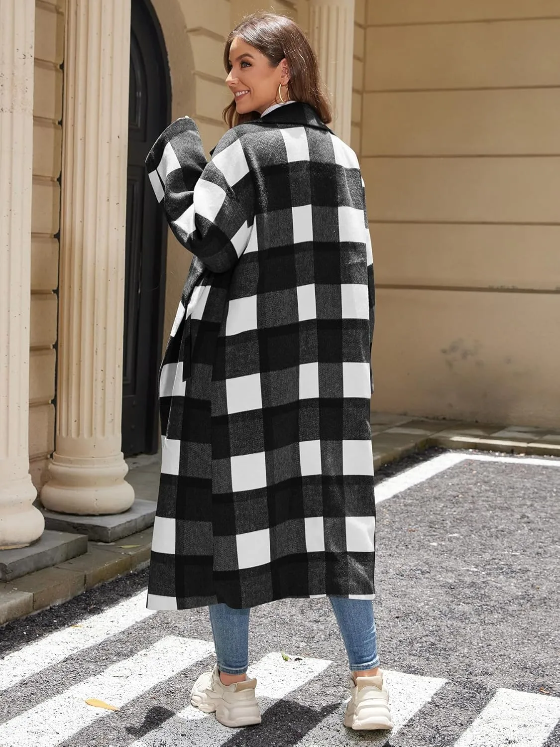 Women's Plaid Wool Coat Shacket Jacket Casual Long Sleeve Laple Button Down Flannel Trench Coats