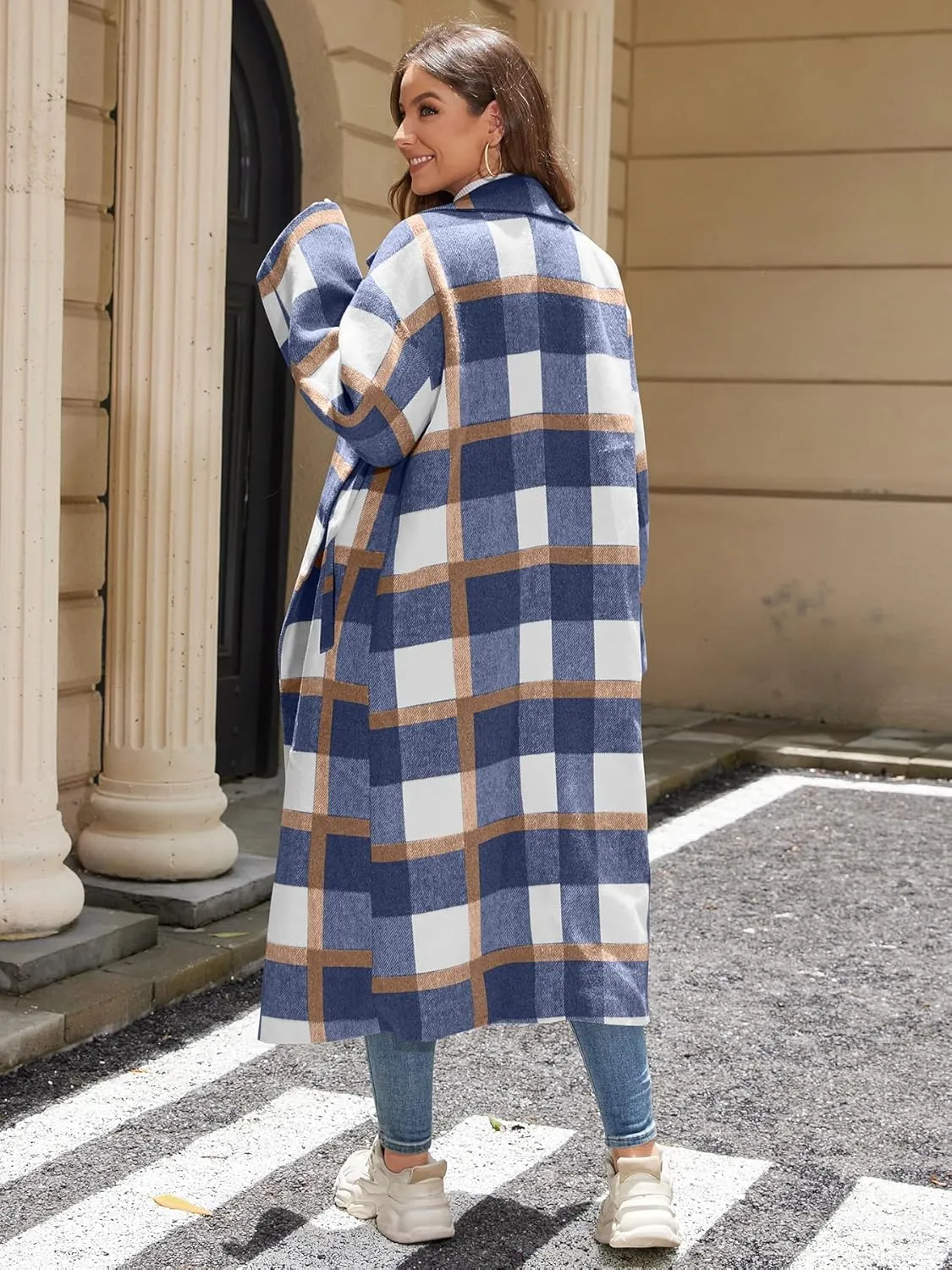 Women's Plaid Wool Coat Shacket Jacket Casual Long Sleeve Laple Button Down Flannel Trench Coats