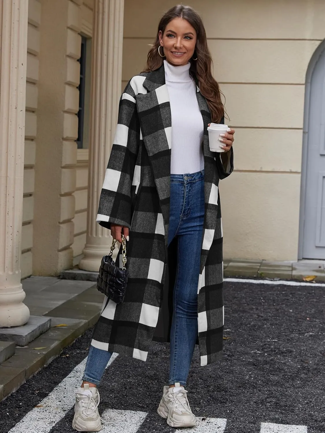 Women's Plaid Wool Coat Shacket Jacket Casual Long Sleeve Laple Button Down Flannel Trench Coats