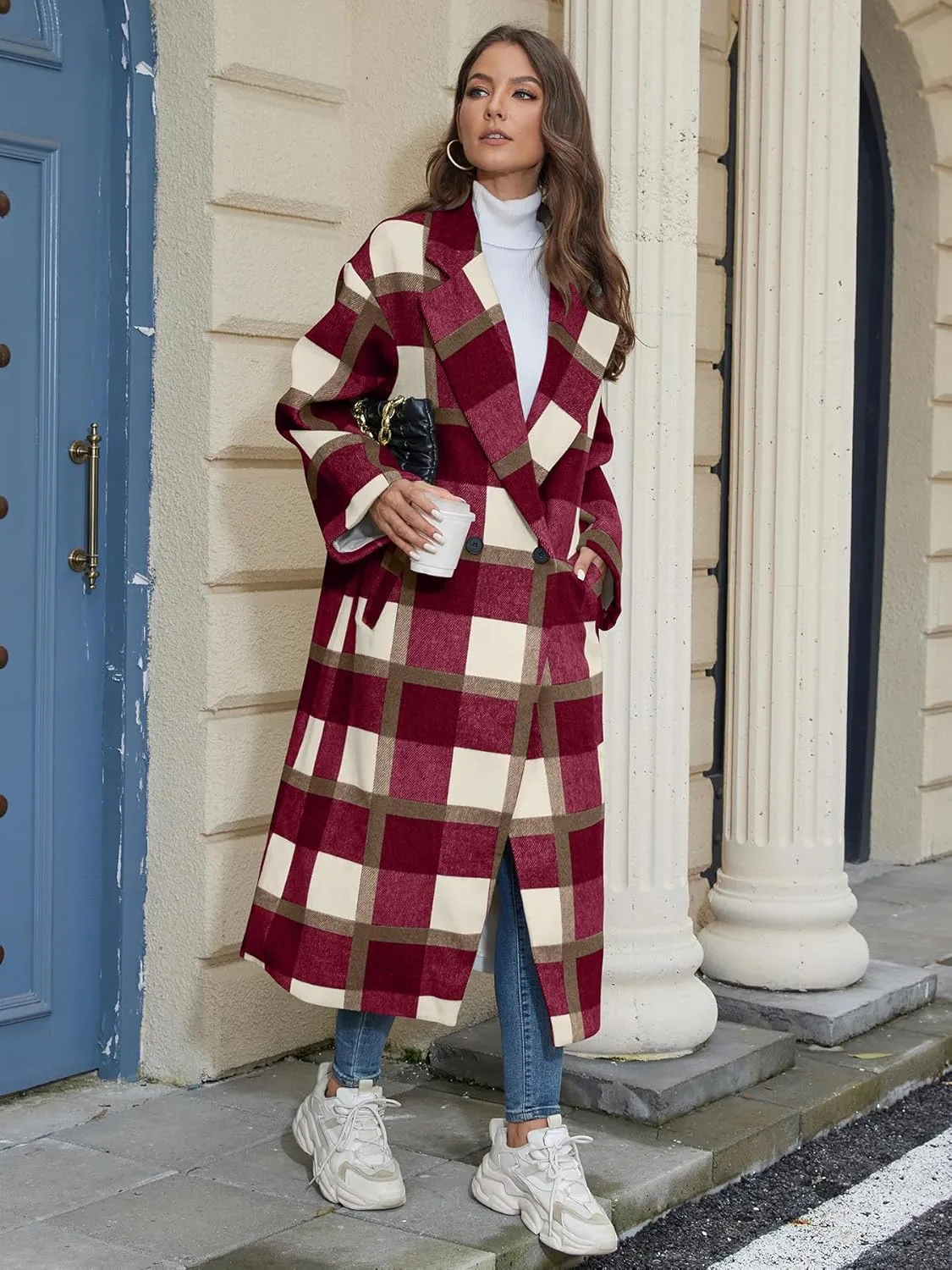 Women's Plaid Wool Coat Shacket Jacket Casual Long Sleeve Laple Button Down Flannel Trench Coats