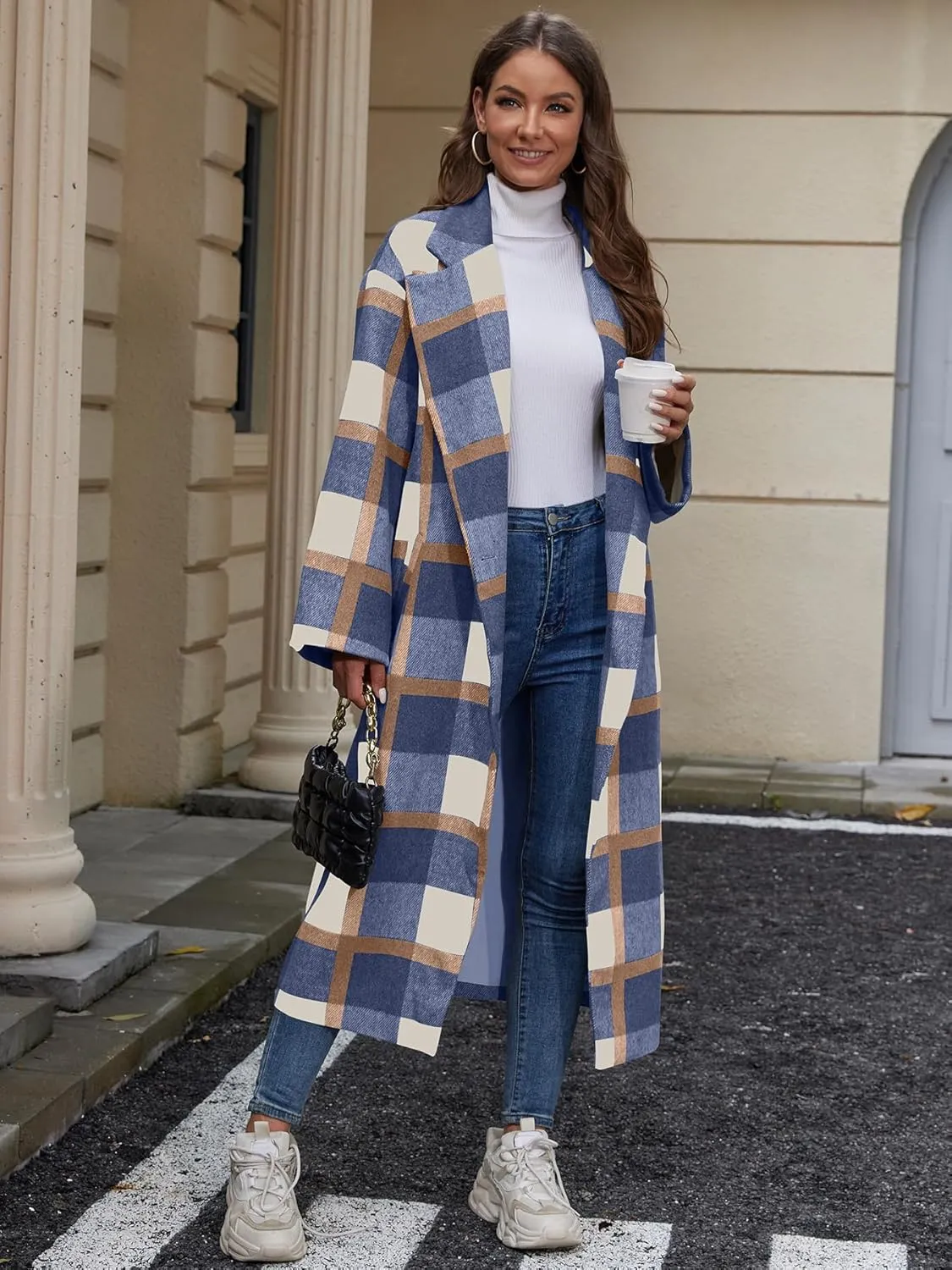Women's Plaid Wool Coat Shacket Jacket Casual Long Sleeve Laple Button Down Flannel Trench Coats