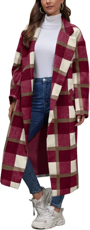 Women's Plaid Wool Coat Shacket Jacket Casual Long Sleeve Laple Button Down Flannel Trench Coats