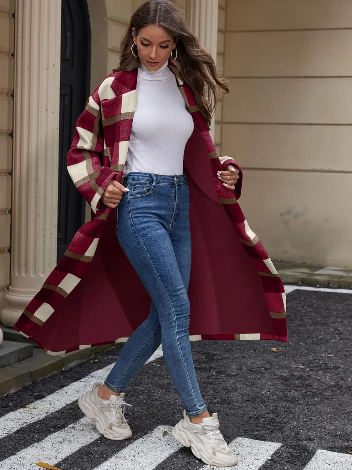 Women's Plaid Wool Coat Shacket Jacket Casual Long Sleeve Laple Button Down Flannel Trench Coats