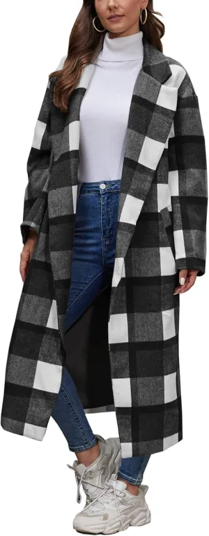 Women's Plaid Wool Coat Shacket Jacket Casual Long Sleeve Laple Button Down Flannel Trench Coats
