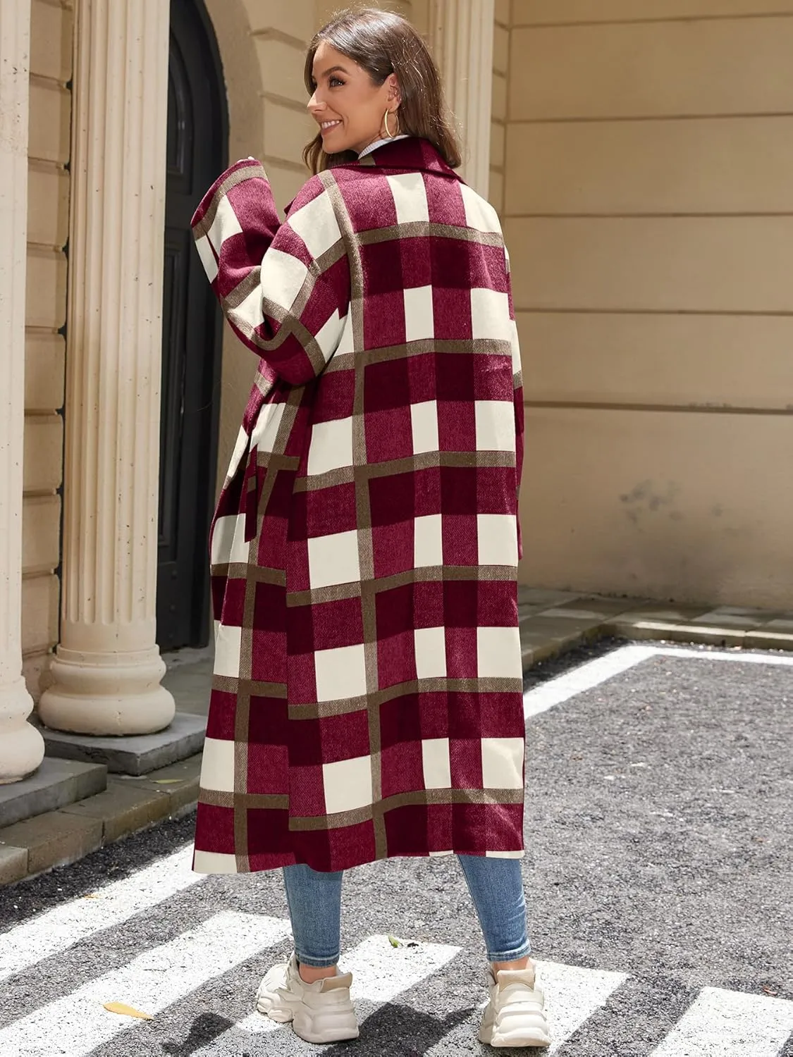 Women's Plaid Wool Coat Shacket Jacket Casual Long Sleeve Laple Button Down Flannel Trench Coats