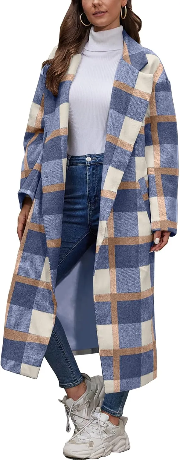 Women's Plaid Wool Coat Shacket Jacket Casual Long Sleeve Laple Button Down Flannel Trench Coats