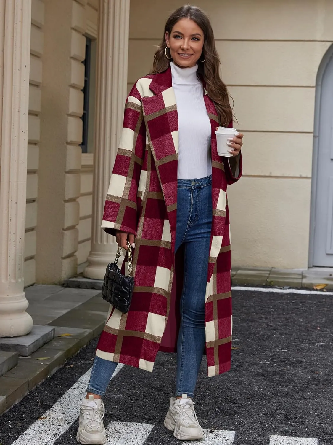 Women's Plaid Wool Coat Shacket Jacket Casual Long Sleeve Laple Button Down Flannel Trench Coats