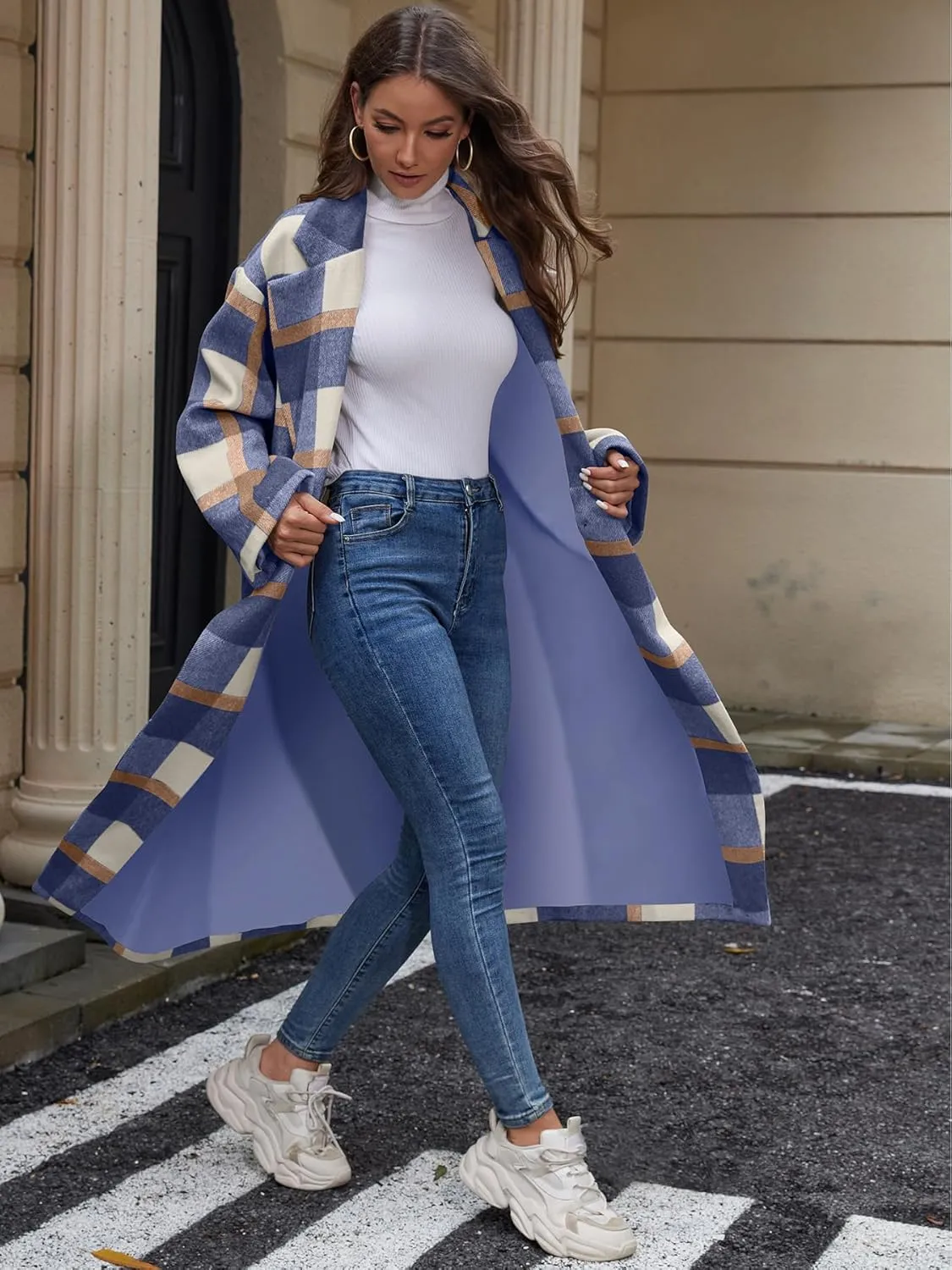 Women's Plaid Wool Coat Shacket Jacket Casual Long Sleeve Laple Button Down Flannel Trench Coats