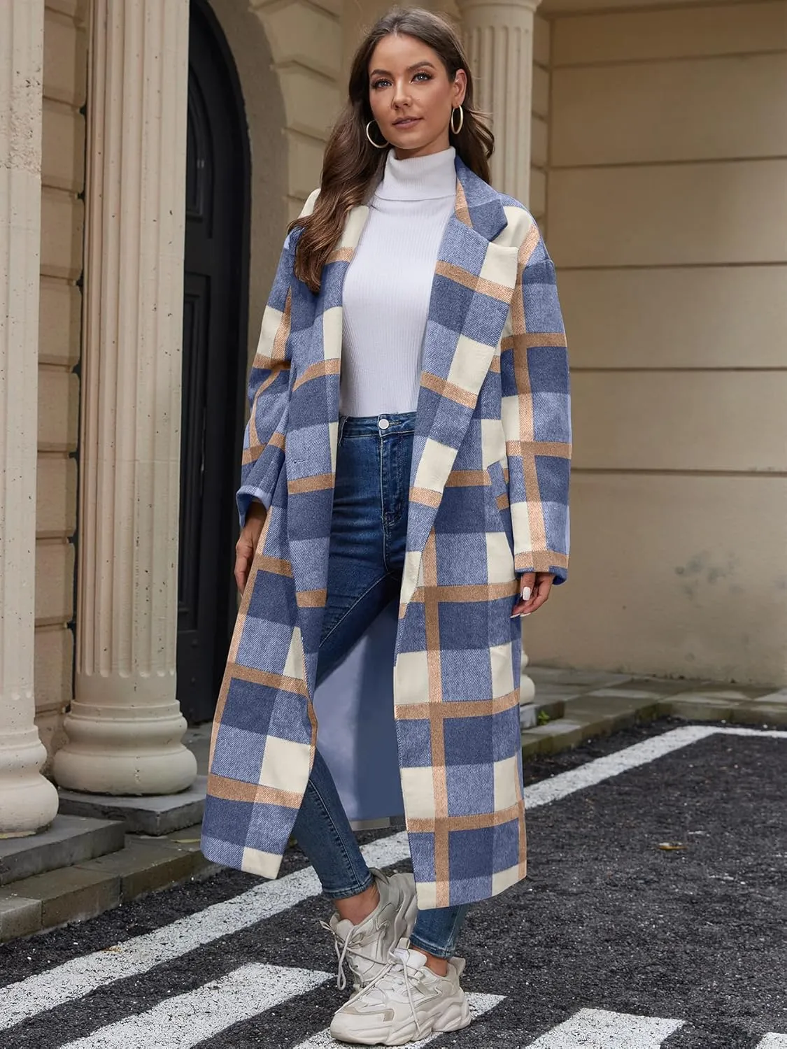Women's Plaid Wool Coat Shacket Jacket Casual Long Sleeve Laple Button Down Flannel Trench Coats