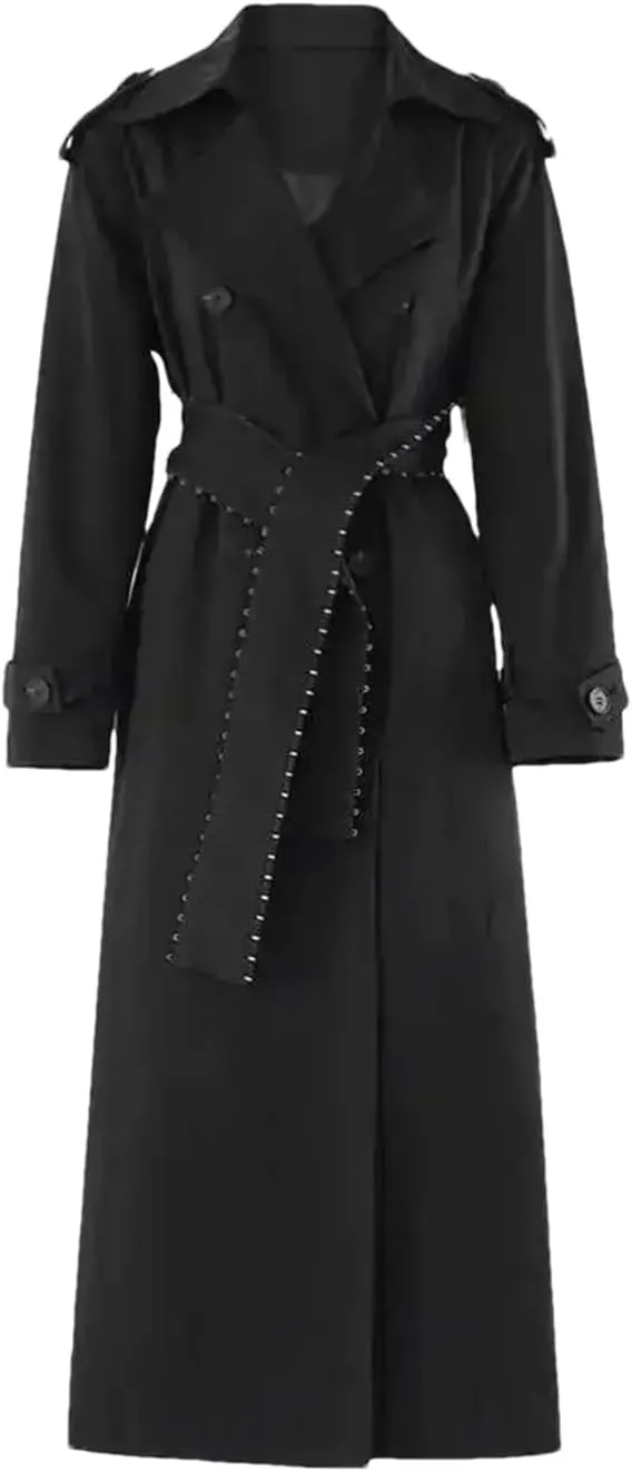 Women's Plus Size Long Trench Coat Black Double-Breasted Cotton Casual Coat