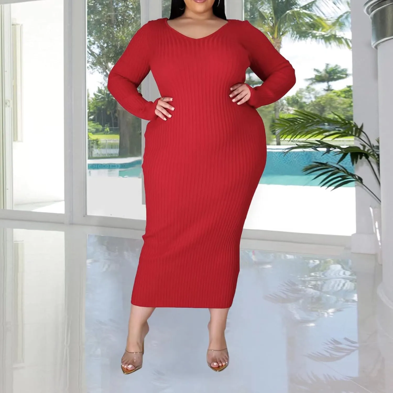 Women's Plus Size Sexy Stretchable Long Sleeve Maxi Sweater Off Shoulder Knit Slim Fit Dress