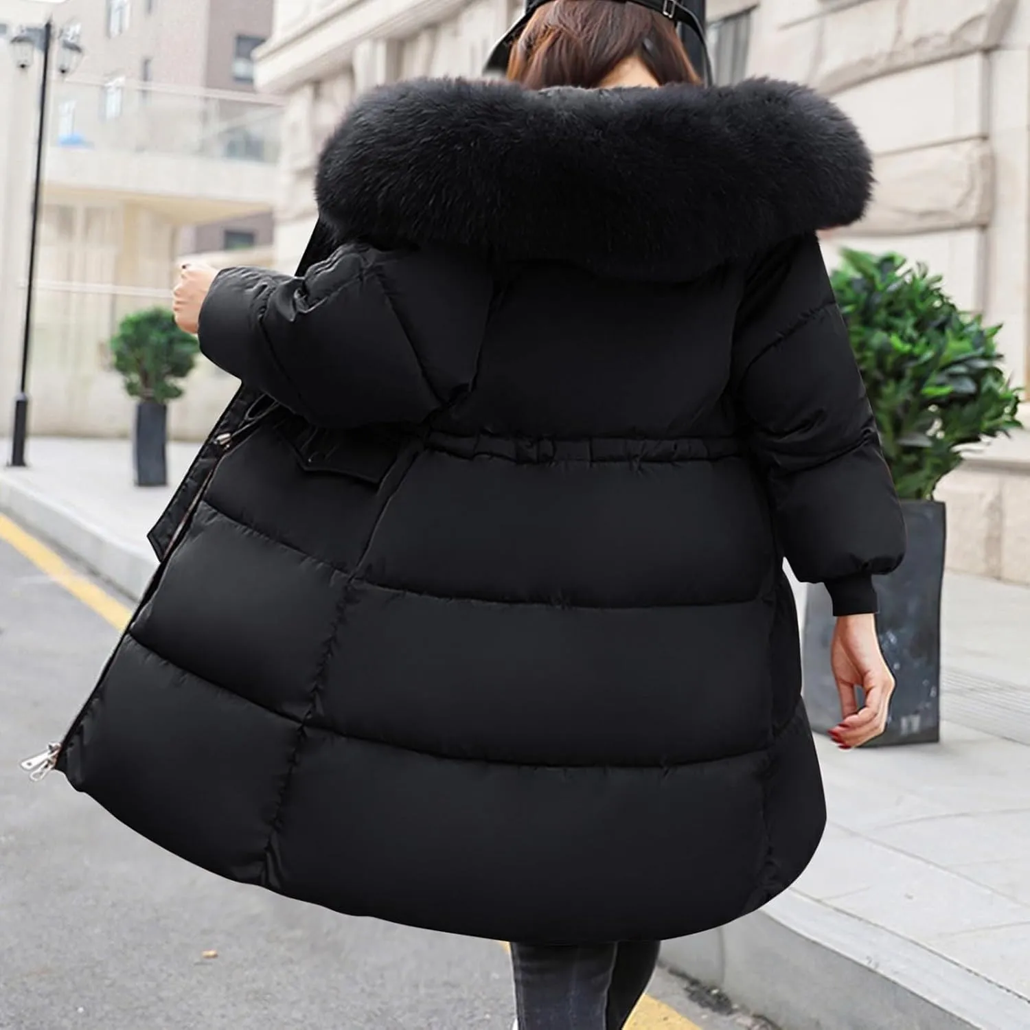 Womens Puffer Coat with Fur Hood Thicken Warm Long Quilted Down Jackets Plus Size Full Zip Windproof Parka Outerwear