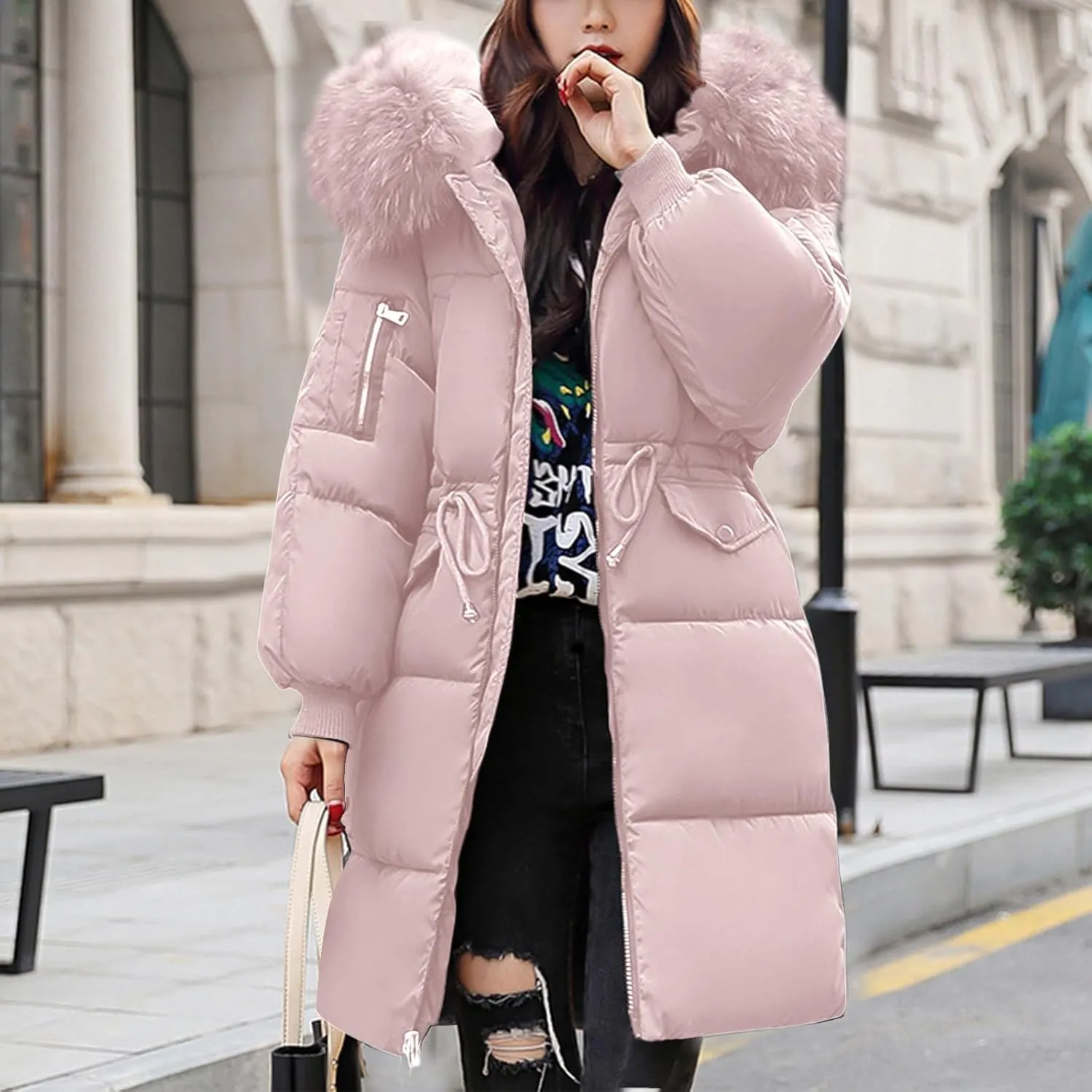 Womens Puffer Coat with Fur Hood Thicken Warm Long Quilted Down Jackets Plus Size Full Zip Windproof Parka Outerwear