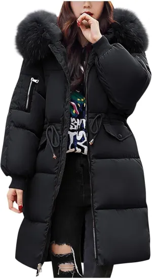 Womens Puffer Coat with Fur Hood Thicken Warm Long Quilted Down Jackets Plus Size Full Zip Windproof Parka Outerwear