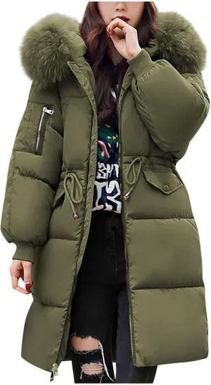 Womens Puffer Coat with Fur Hood Thicken Warm Long Quilted Down Jackets Plus Size Full Zip Windproof Parka Outerwear