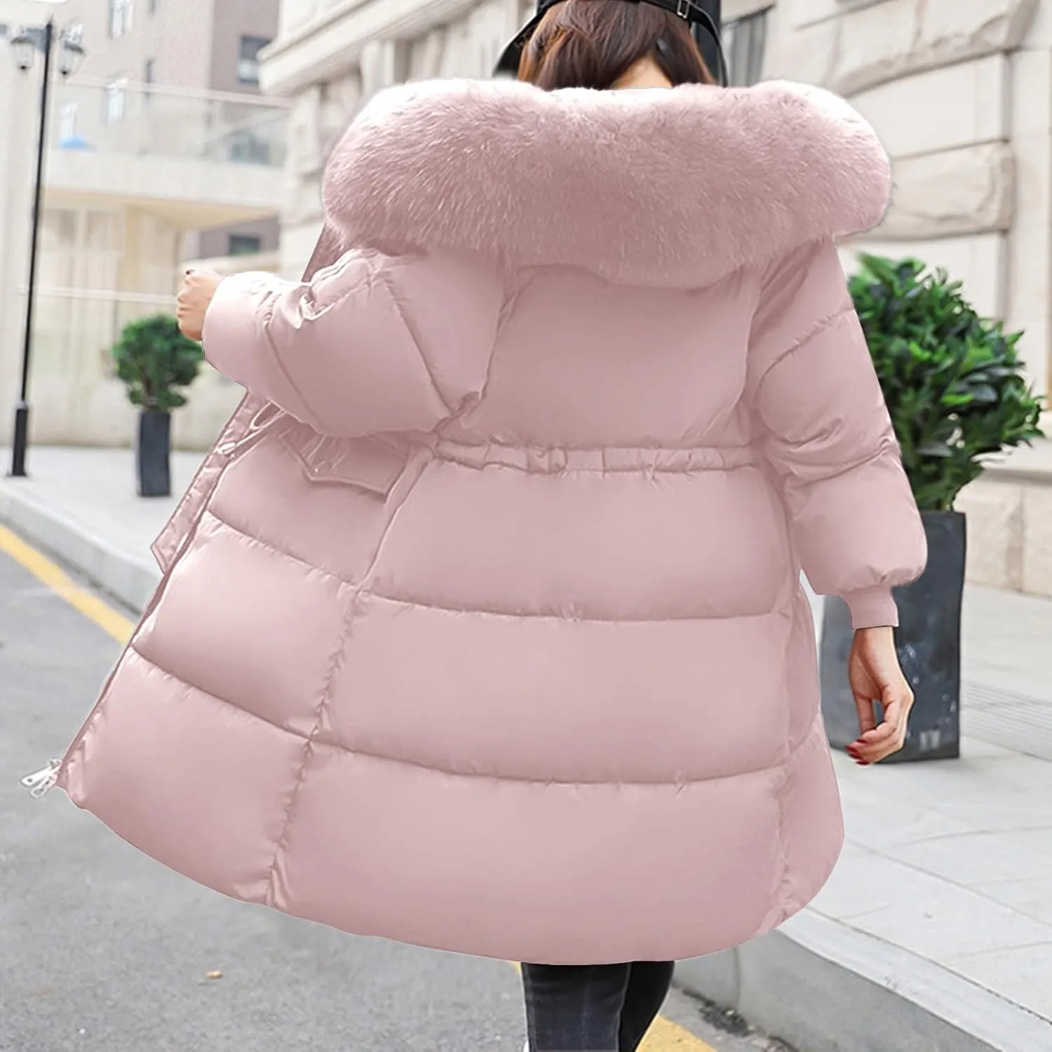 Womens Puffer Coat with Fur Hood Thicken Warm Long Quilted Down Jackets Plus Size Full Zip Windproof Parka Outerwear