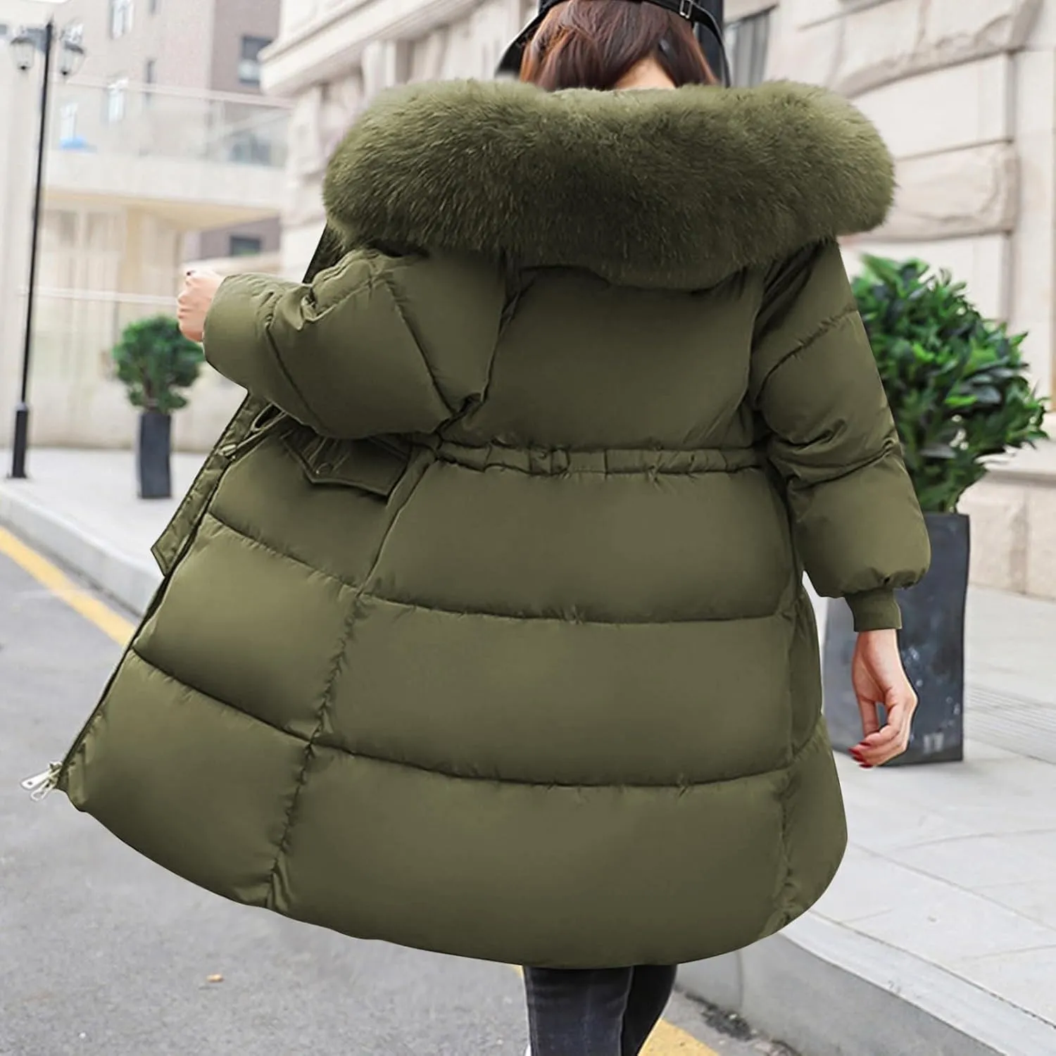 Womens Puffer Coat with Fur Hood Thicken Warm Long Quilted Down Jackets Plus Size Full Zip Windproof Parka Outerwear