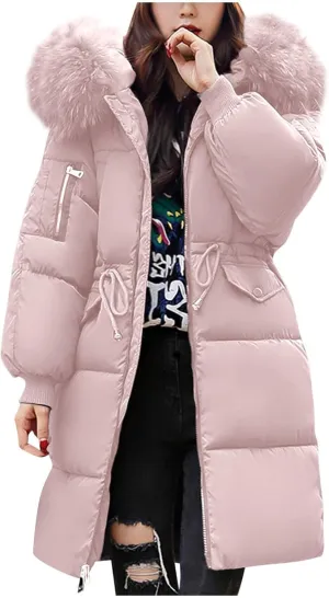 Womens Puffer Coat with Fur Hood Thicken Warm Long Quilted Down Jackets Plus Size Full Zip Windproof Parka Outerwear