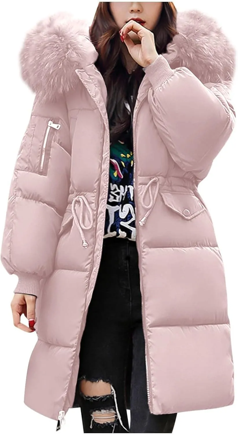Womens Puffer Coat with Fur Hood Thicken Warm Long Quilted Down Jackets Plus Size Full Zip Windproof Parka Outerwear