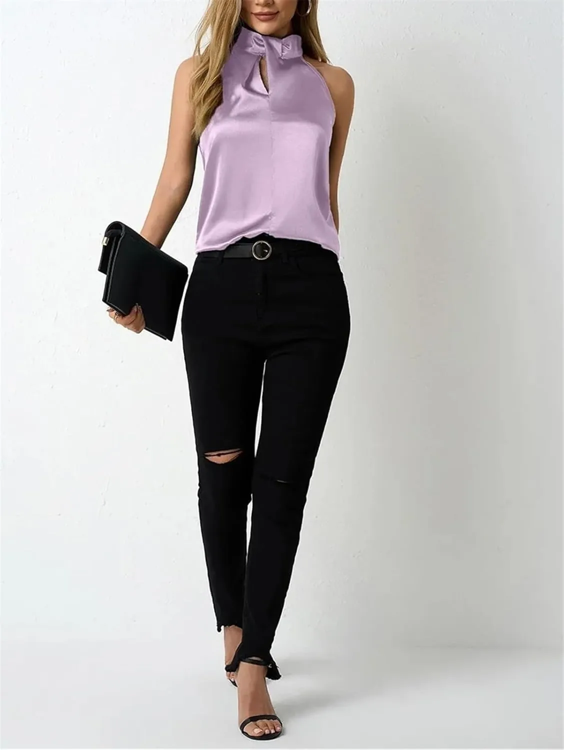 Women's Satin Halter Tank Spring Summer Casual Camisole Sleeveless Button Top