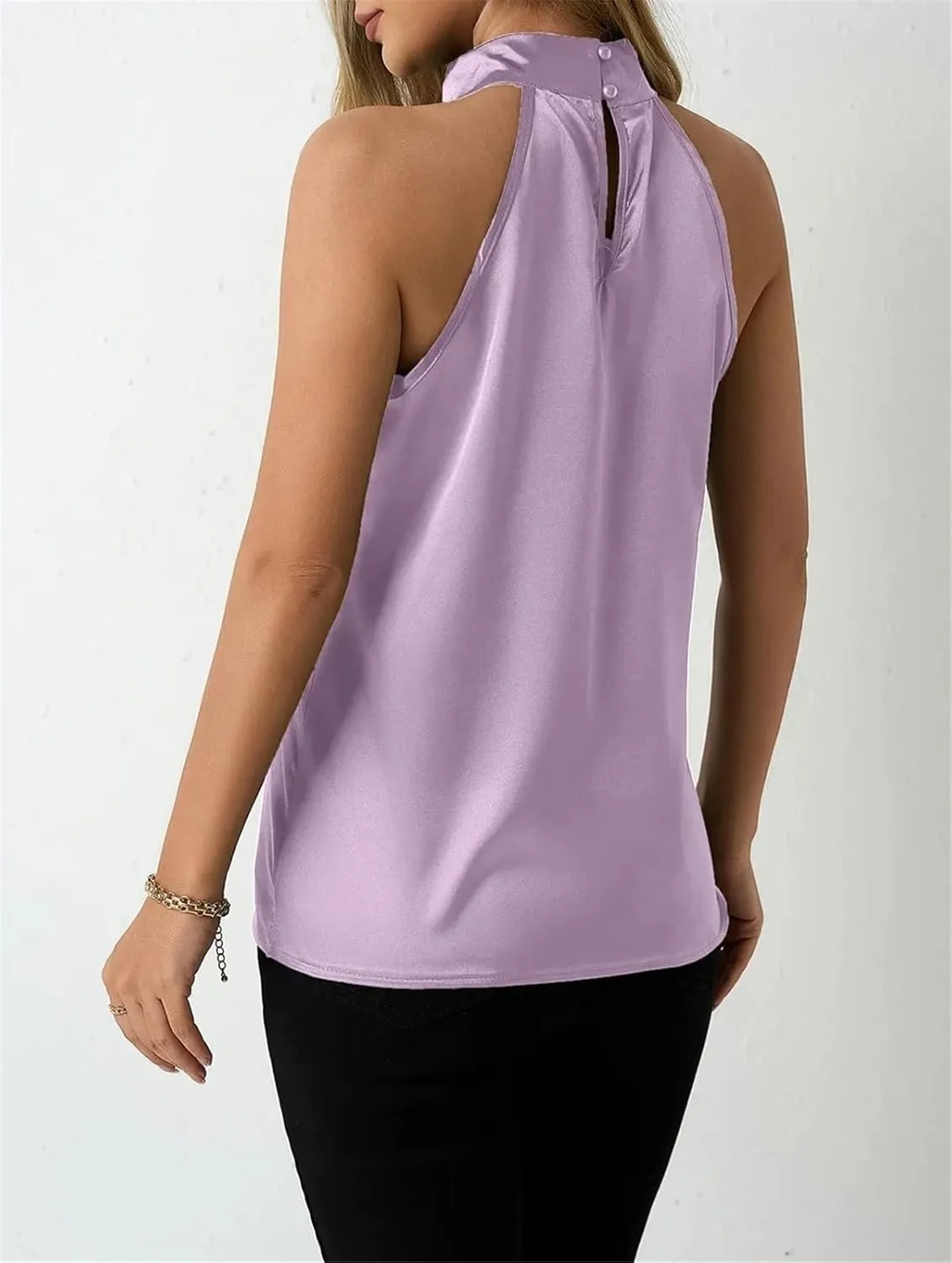 Women's Satin Halter Tank Spring Summer Casual Camisole Sleeveless Button Top