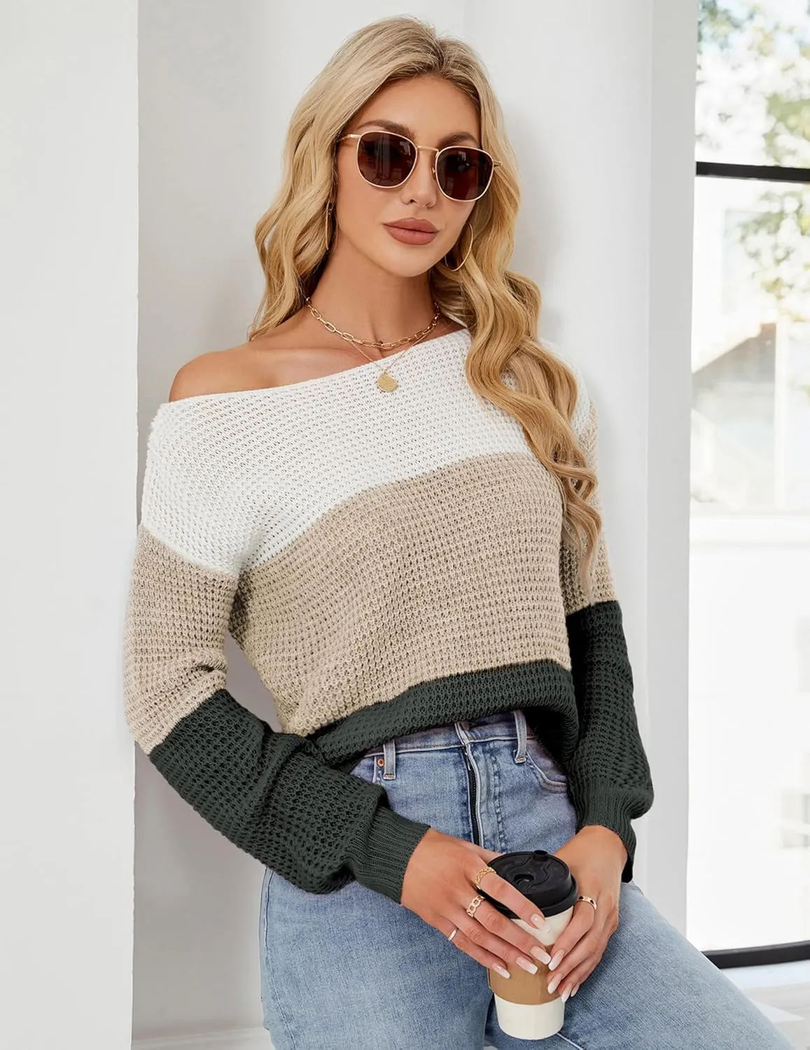 Womens Sexy Off The Shoulder Sweater Spring 2025 Trendy Lightweight Cute Crochet Knit Color Block Pullover Top